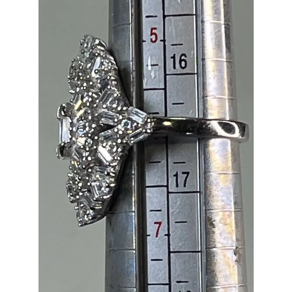 925 Sterling Silver CZ Baguette Cluster Statement Cocktail Ring Size 6.5